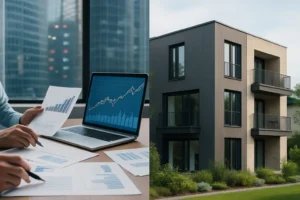 Moderna stambena zgrada uz financijsku četvrt, simbolizira usporedbu ulaganja u nekretnine i druge investicije 2025.